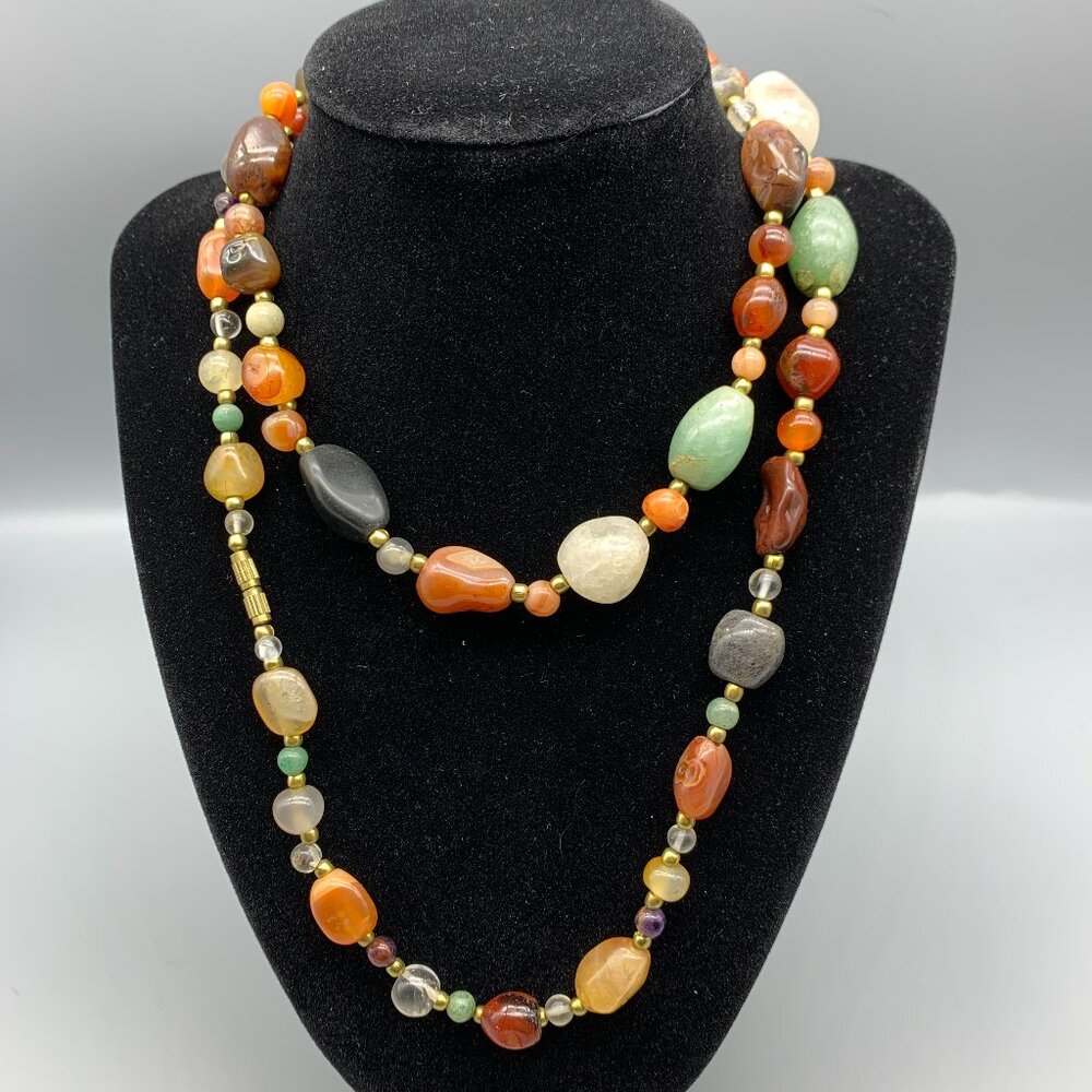 Beautiful Multi-Colored Stone 34" Necklace with Gold-Tone Bead Spacers